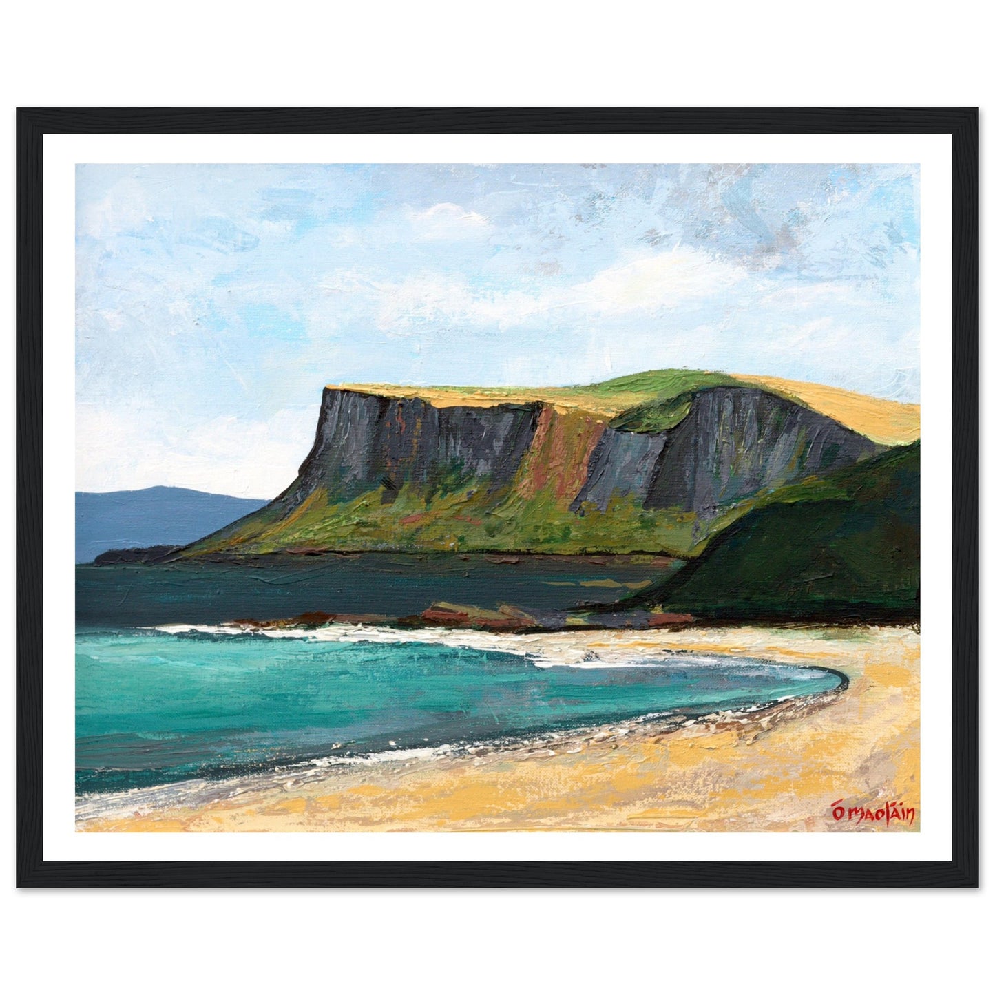 Fair Head by Mullan is a fine art print of Ballycastle beach with Fair Head cliffs in County Antrim, Ireland. This seascape captures the rugged coast, serene beach, and dramatic cliffs under a clear sky, highlighting Ireland’s north coast beauty.