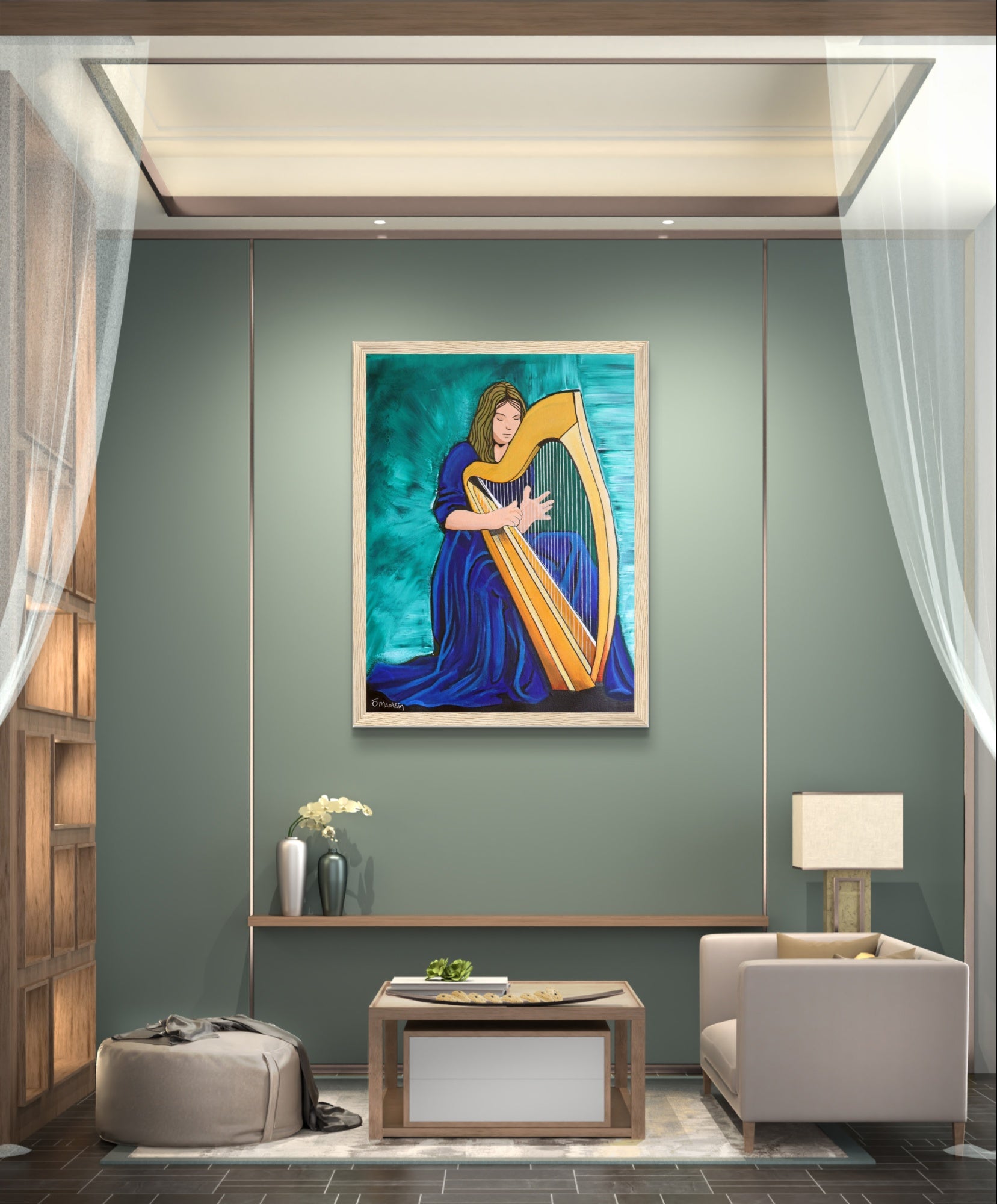 Capture the essence of Celtic music with an art print of an Irish harpist, celebrating Ireland&#39;s heritage. Intricate details evoke enchanting melodies. Perfect home decor or meaningful gift.