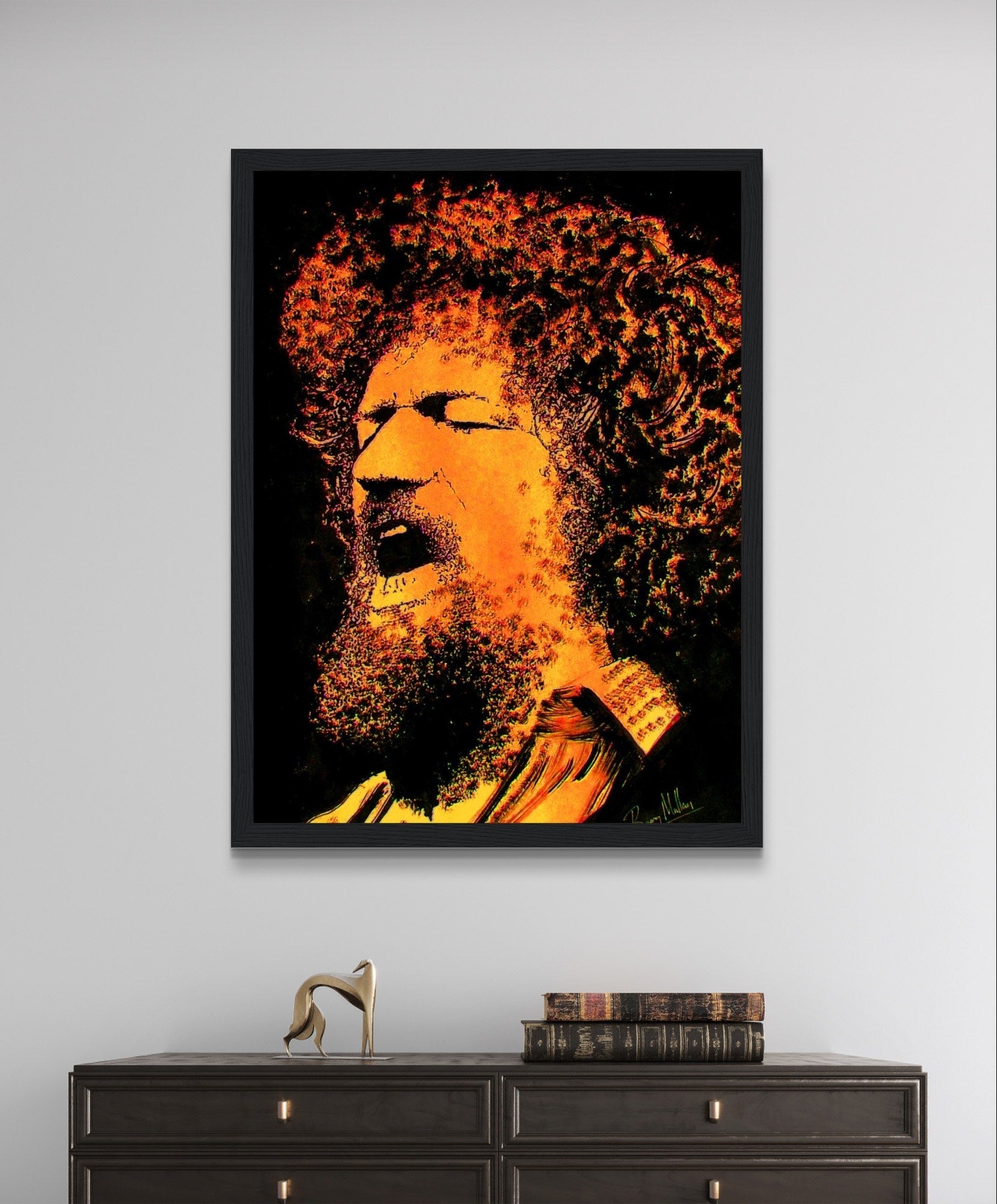 Luke Kelly Art Print by B. Mullan: Tribute to Dubliners member, featuring songs like 'Raglan Road' and 'Grace.' Authentic Irish artist captures folk music heritage.