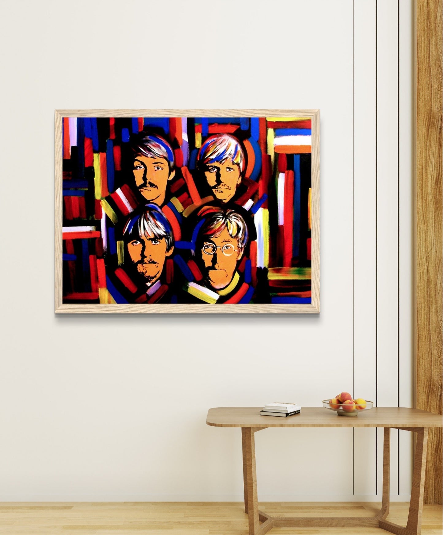 Colorful art print by Irish artist Ó Maoláin featuring portraits of the Fab Four: John Lennon, Paul McCartney, George Harrison, and Ringo Starr. Celebrates Beatlemania with vibrant, iconic imagery of the legendary band.