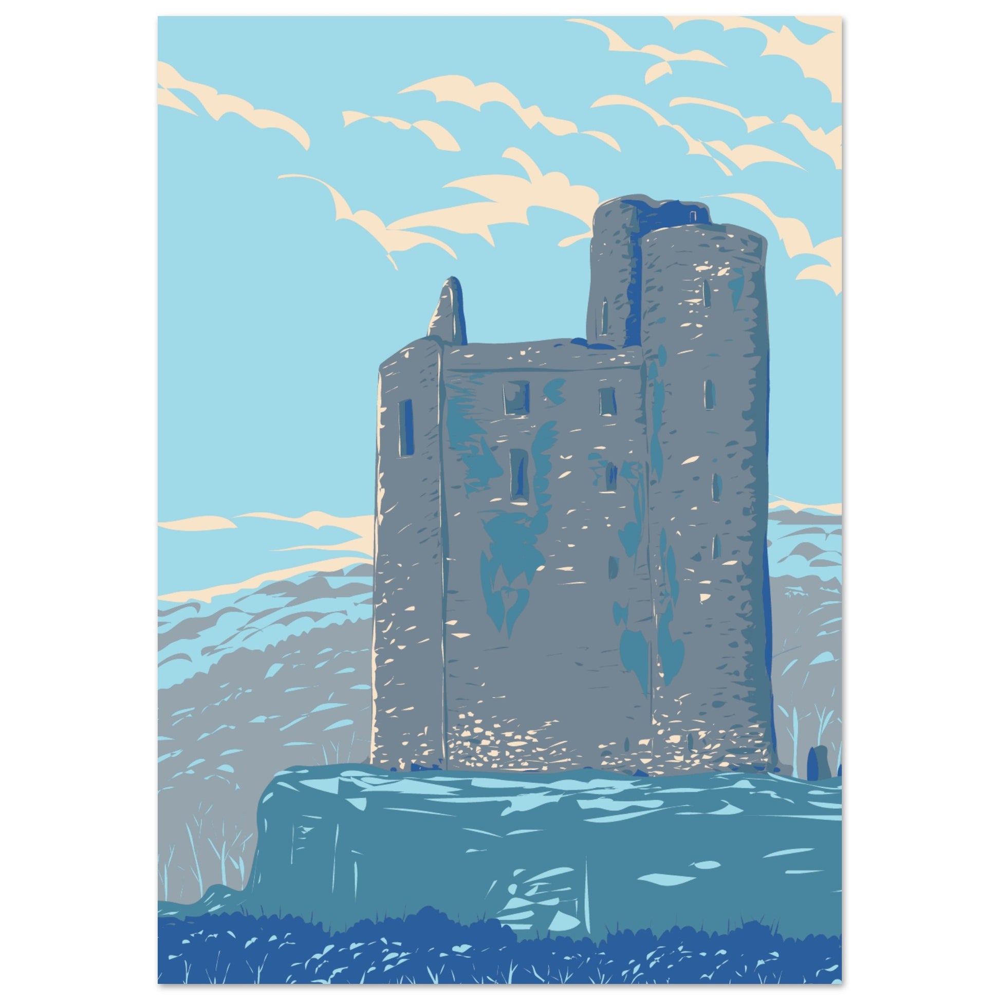 Retro art print of Ballinalacken Castle in County Clare. This vintage-style poster captures the historic charm of the castle with rich, nostalgic colors and intricate details. Perfect for adding a touch of Irish heritage to any room. High-quality print available for sale.