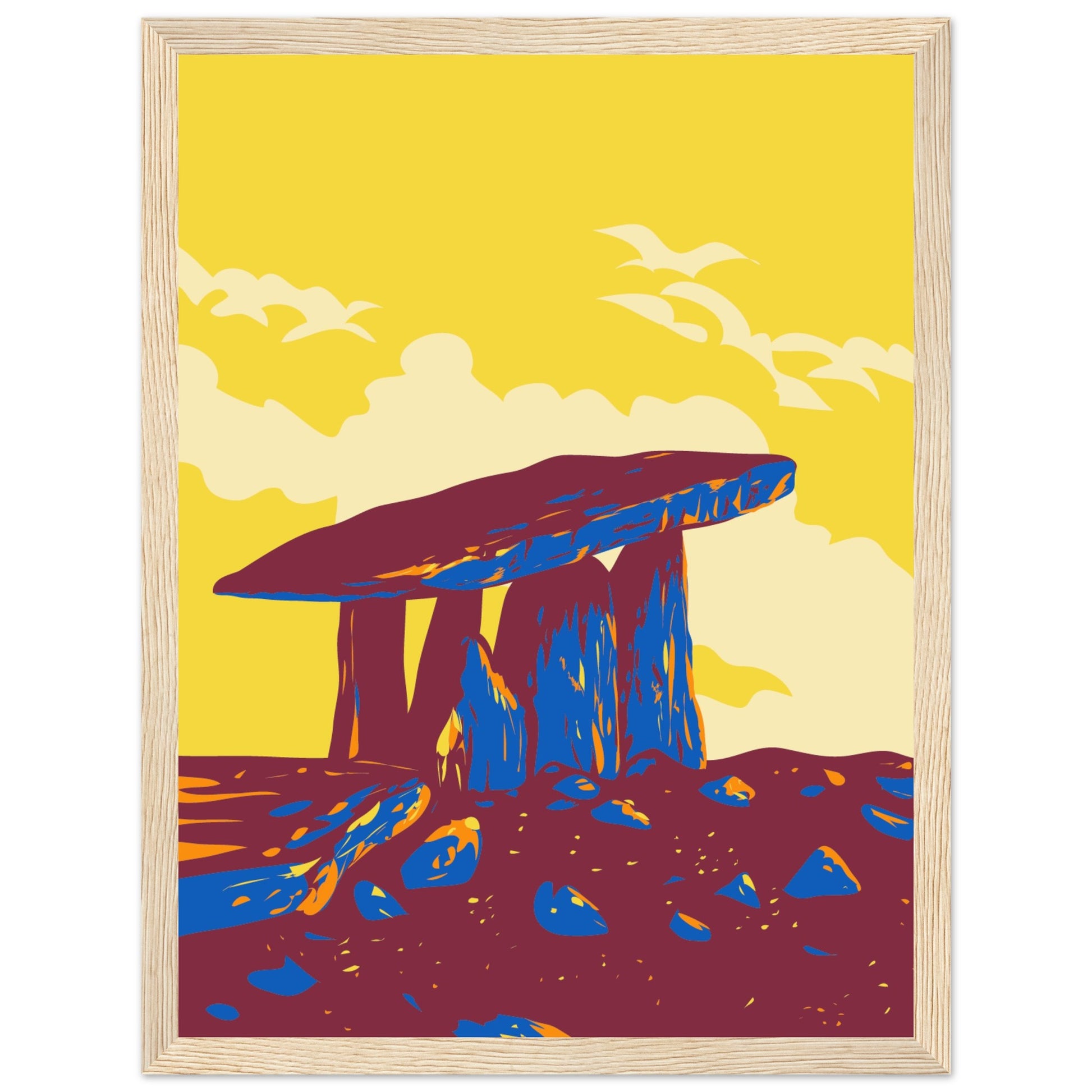 Vintage framed travel poster art print of Poulnabrone Dolmen in County Clare's Burren. Neolithic tomb set against limestone backdrop, ideal for home decor or as a thoughtful gift capturing Ireland's ancient allure.