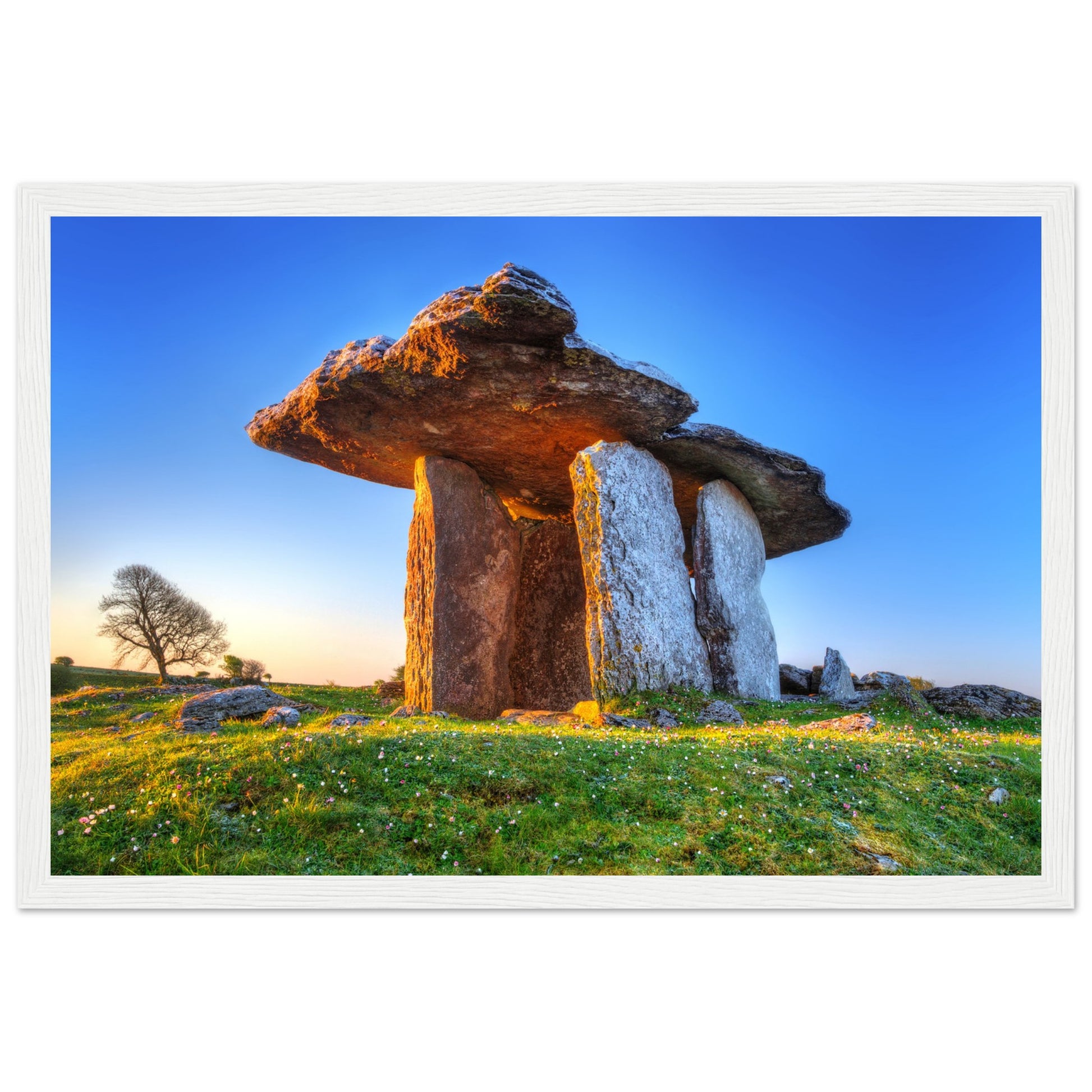 Framed print of Poulnabrone Dolmen, iconic Irish monument amidst Burren's limestone plateau. Evokes rich history and breathtaking landscapes.