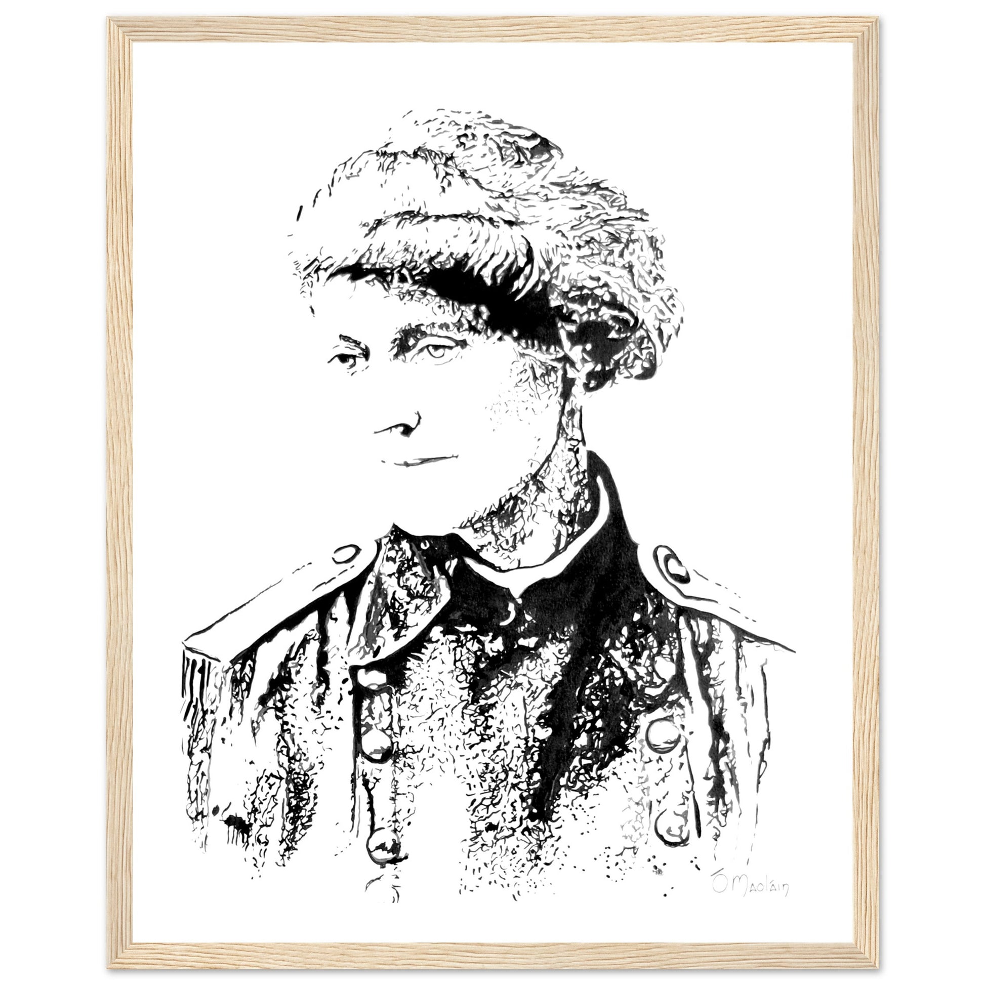 Framed art print by Ó Maoláin depicting Countess Markievicz, celebrating her courage and activism. This timeless piece blends art and history, capturing Ireland's heritage. Perfect for adding a meaningful touch to any space, honoring a trailblazing figure.