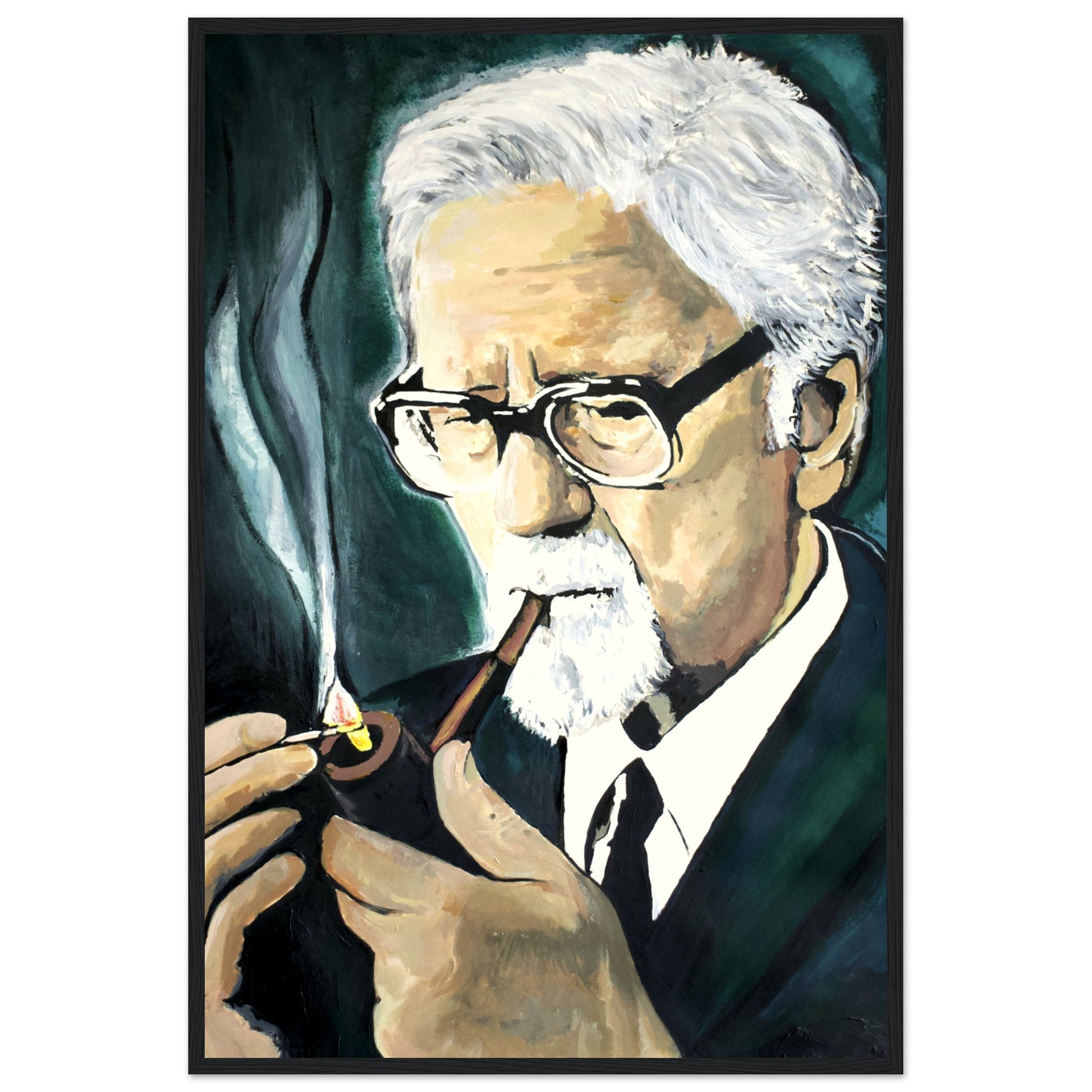 John Hewitt framed fine art print by Irish artist Ó Maoláin. This portrait captures the essence of John Hewitt, the renowned writer, as he leisurely smokes his pipe, a meaningful addition to any space, celebrating his impact on literature.