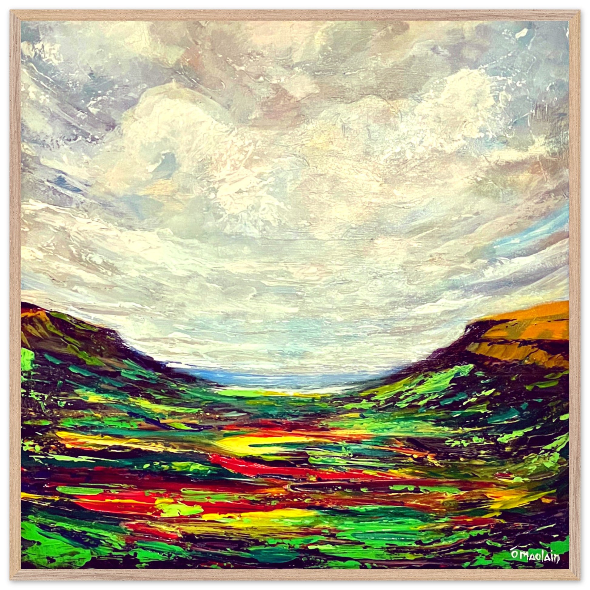 A serene landscape art print titled Queen of the Glens by artist Ó Maoláin, depicting the picturesque Glenariff in County Antrim, Ireland, with lush greenery and coastal charm.